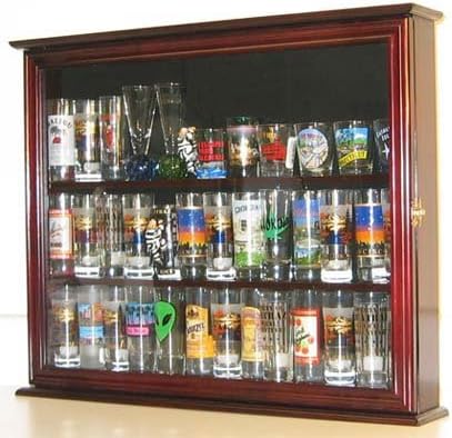Shot Glass Display Case Wall Curio Cabinet Shadow Box Mahogany Finish X9579