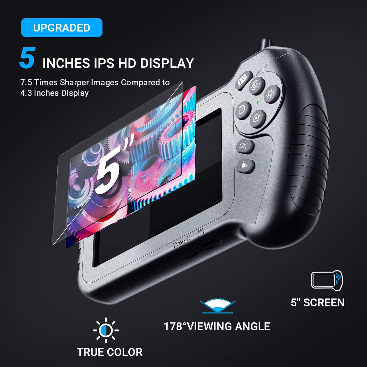 5'' IPS Screen 1080P Industrial Snake Camera with 11.5FT Waterproof Flexible Cable 8 LEDs 32GB Card N148