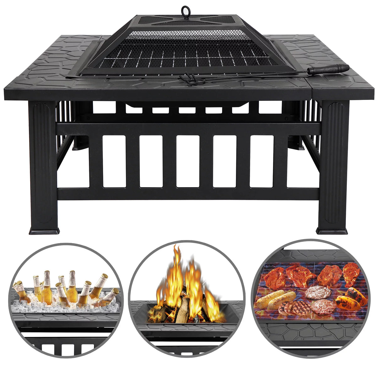 32 Square Wood Black Finish Steel Fire Pit A19743