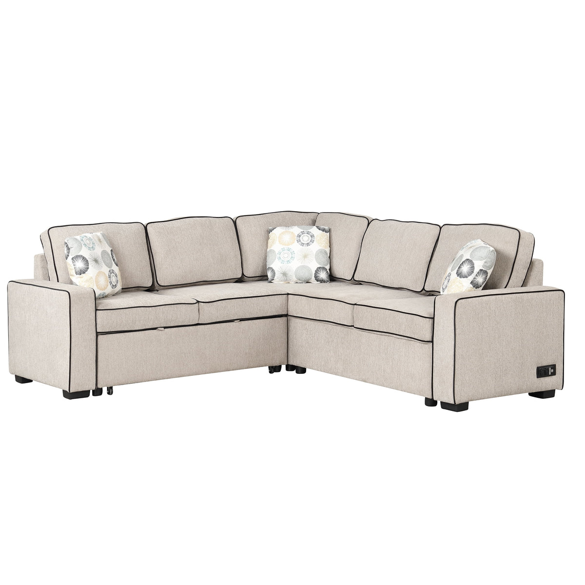 Cream L-Shaped Pull Out Sofa Bed with 2 USB Ports and 3 Pillows N805