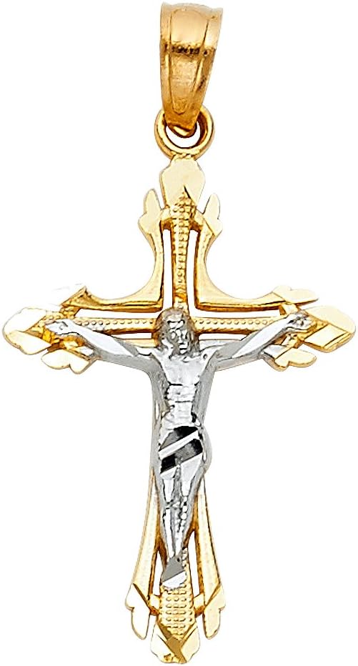 14K Real Gold Two Tone Linear Jesus Cross Pendant 25x16 MM Crucifix Charm Necklace Pendant R135113