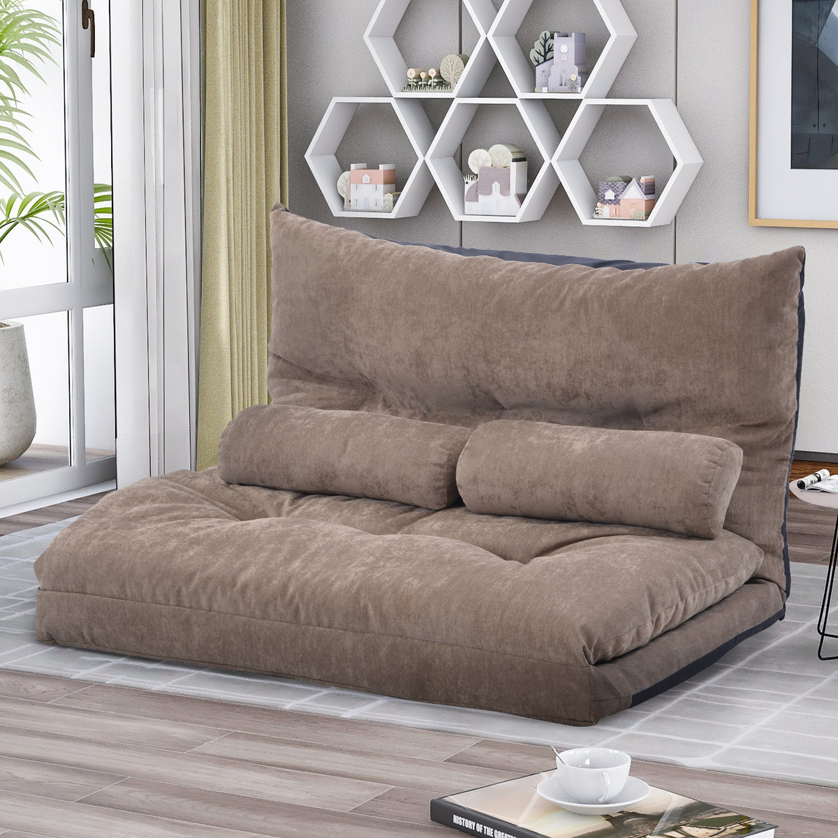 Light Brown Sofa Bed Folding Futon with Two Pillows O241