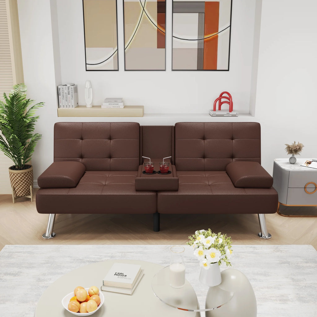Futon Sofa Bed Faux Leather Convertible Folding Recliner with 2 Cup Holders C32345