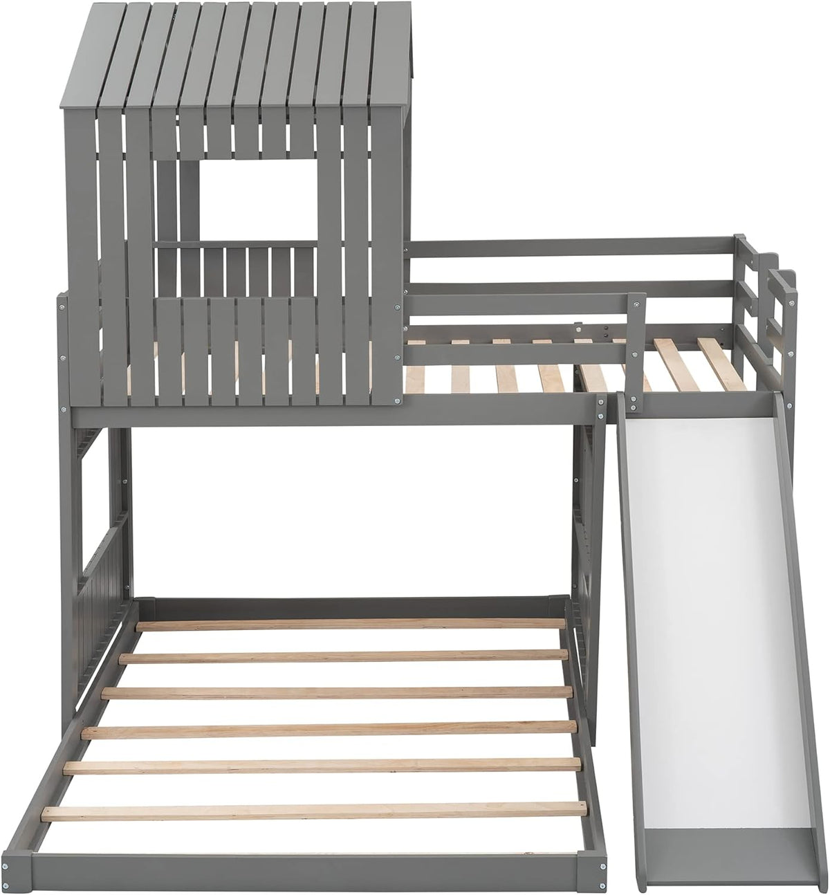 Gray Wood Twin Over Full Bunk Bed with Ladder and Slide Z150421