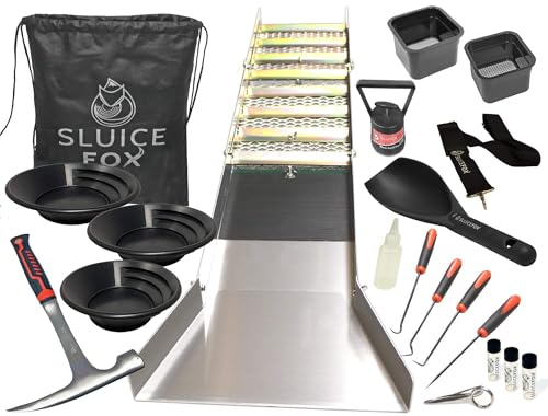 Gold Mining Kit; 50 inch Gold Sluice Box; Gold Prospecting Equipment; Rock Pick Hammer; Gold Classifiers; Pay Dirt Scoop; Crevice Tools G4693