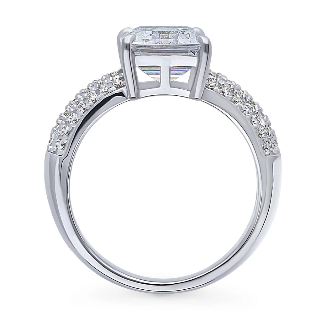 Rhodium Plated Emerald Cut Cubic Zirconia Cocktail Ring E560