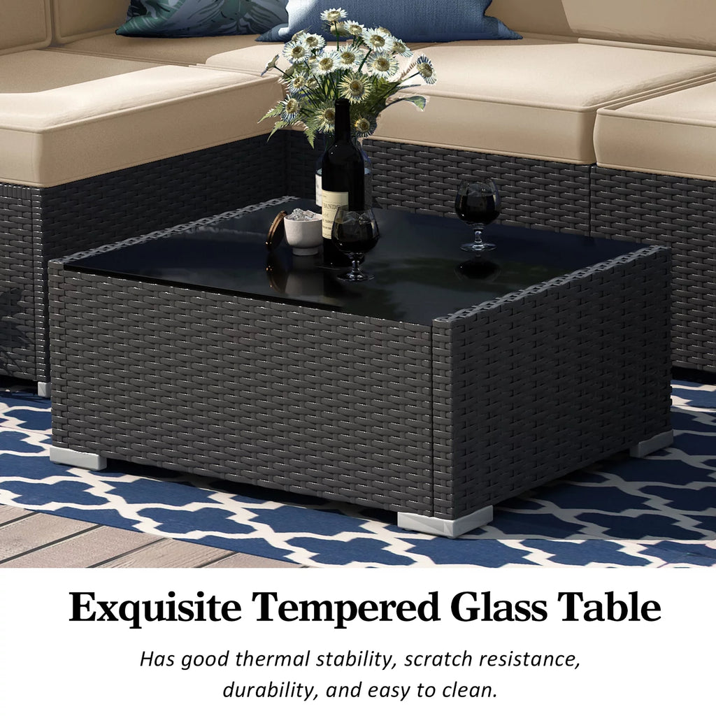 7 Piece Wicker Patio Furniture Set with Cushion and Glass Table Y42383