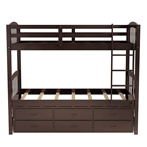 Twin Over Twin Wood Bunk Bed with Trundle and Storage Drawers C256037