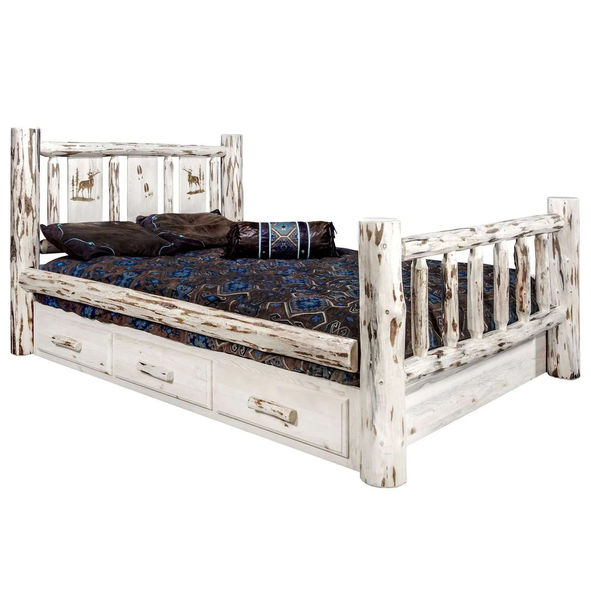 Wood Twin Storage Bed with Engraved Elk Design in Natural G33486