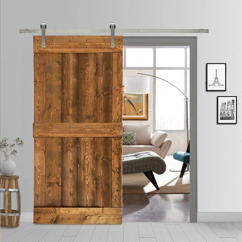 30 in. x 84 in. Solid Walnut Stained Pine Wood Interior Sliding Barn Door with Hardware Kit Q588102