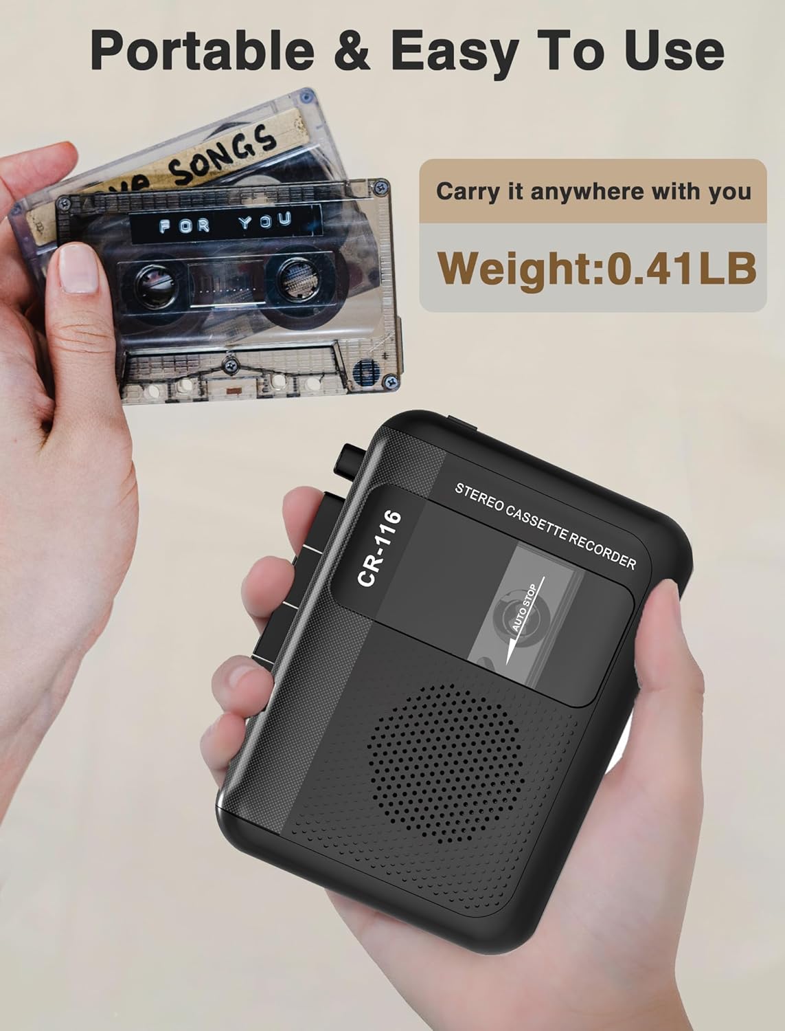 Stereo Cassette Player Tape Recorder with Built-in Mic Speakers, 2AA Battery or USB Power Supply B8723