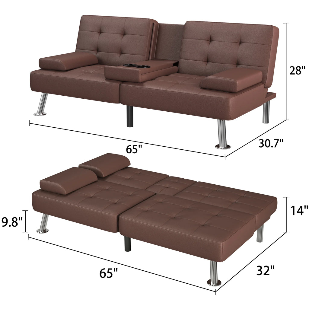 Futon Sofa Bed Faux Leather Convertible Folding Recliner with 2 Cup Holders C32345