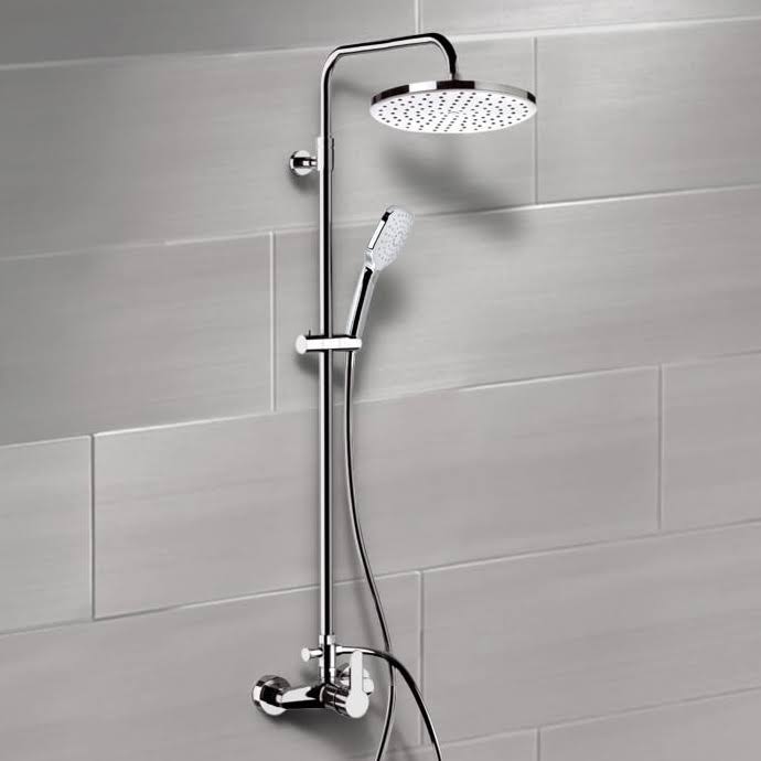 Chrome Exposed Pipe Shower System with 8 inch Rain Shower Head and Hand Shower A799