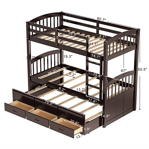 Twin Over Twin Wood Bunk Bed with Trundle and Storage Drawers C256037
