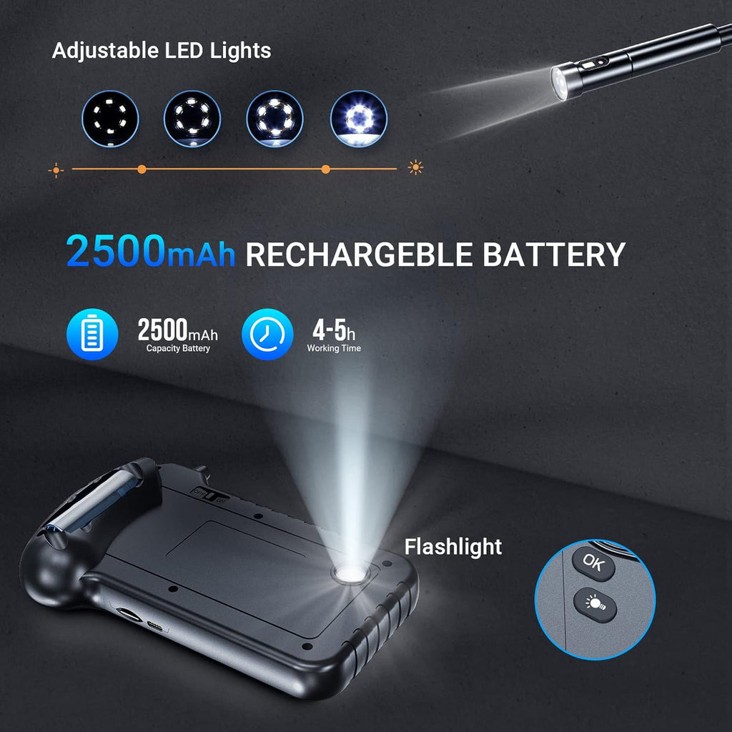5'' IPS Screen 1080P Industrial Snake Camera with 11.5FT Waterproof Flexible Cable 8 LEDs 32GB Card N148