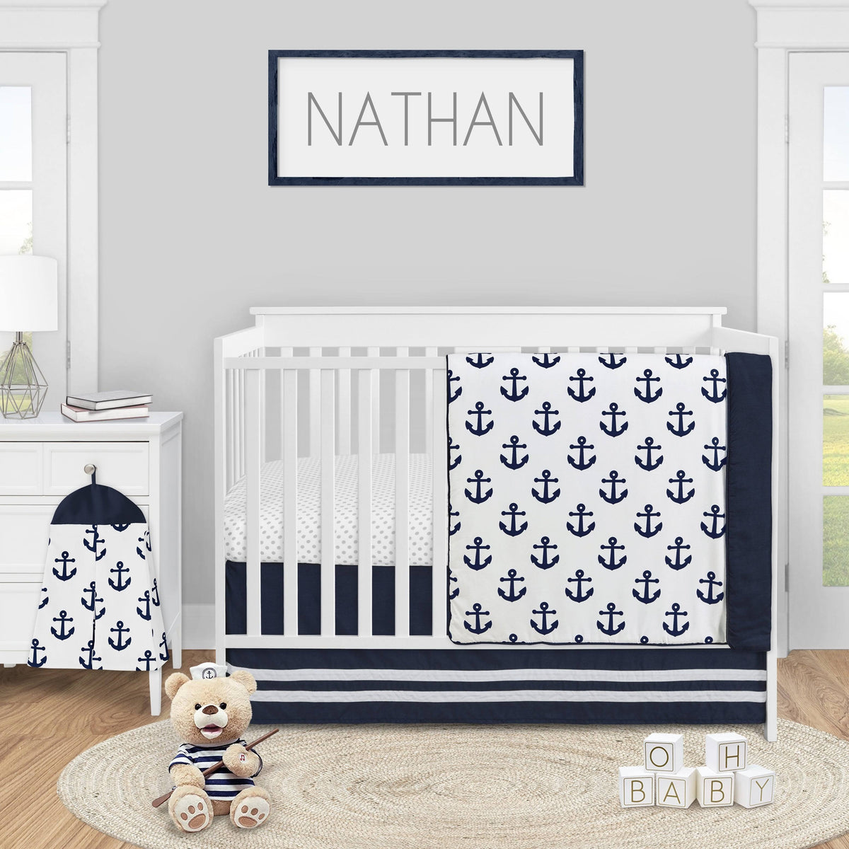 Navy Blue White Anchors 4 Pieces Crib Bedding Set B4828