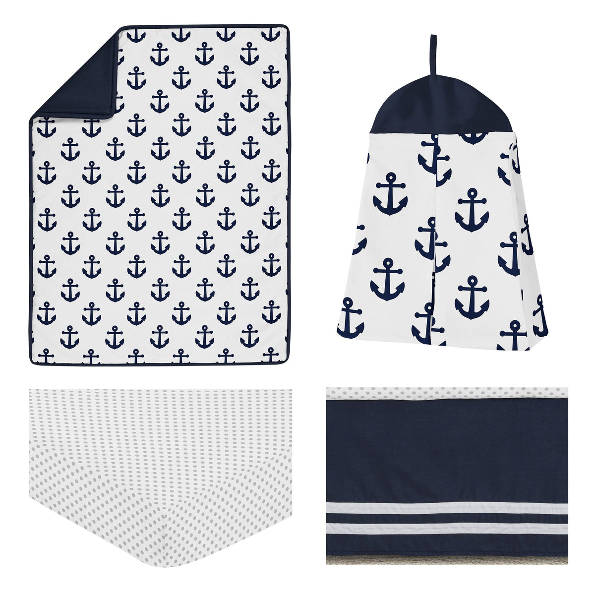 Navy Blue White Anchors 4 Pieces Crib Bedding Set B4828