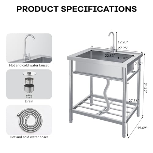 Stainless Steel 24" Single Bowl Utility Sink with Faucet W749