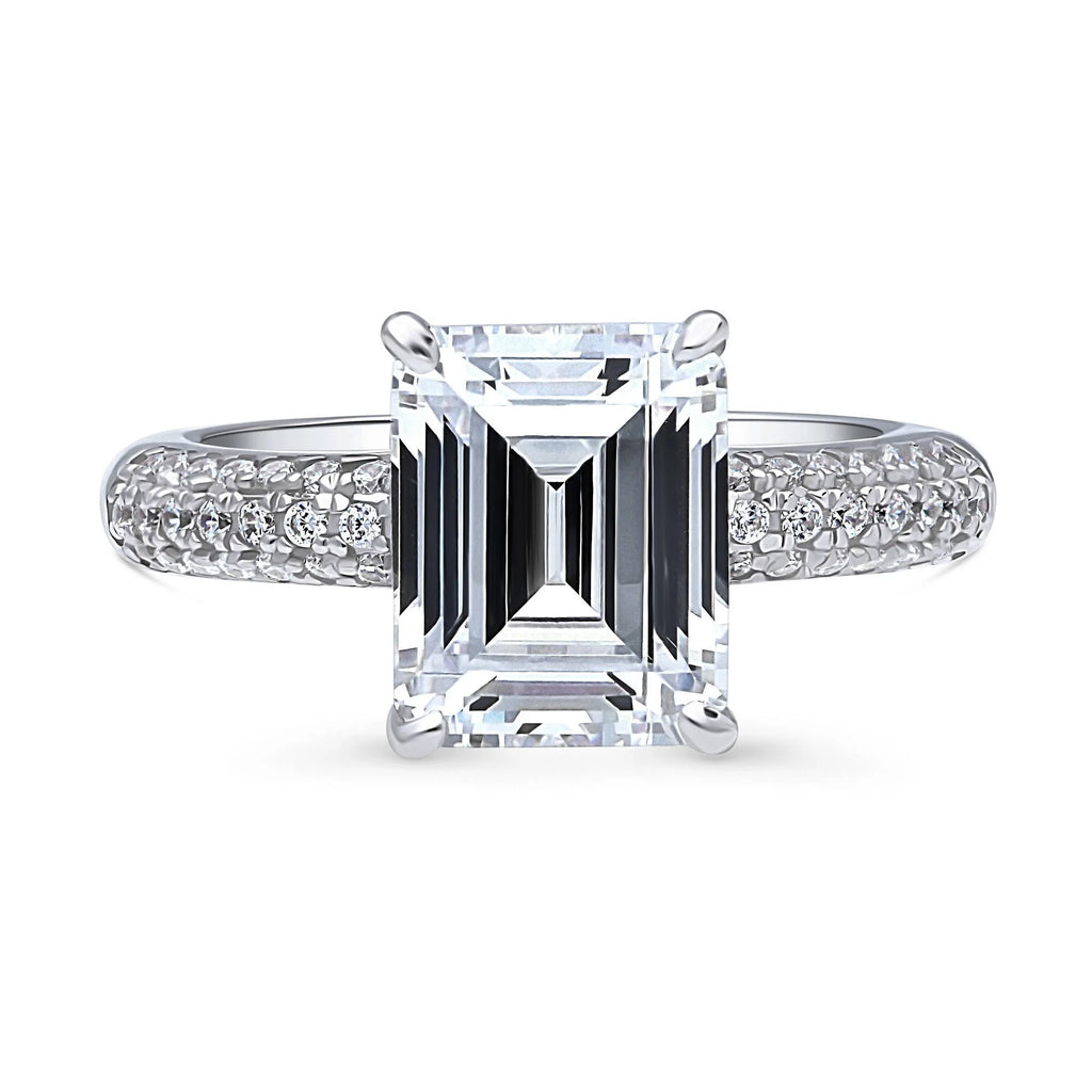 Rhodium Plated Emerald Cut Cubic Zirconia Cocktail Ring E560