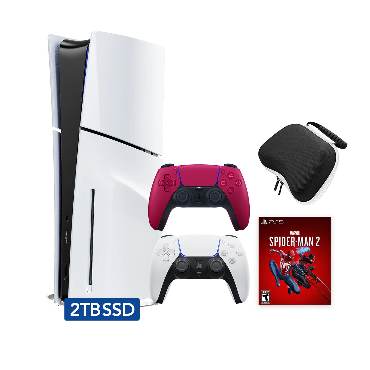 PlayStation 5 Slim Disc 2TB SSD Edition with Two Controllers White and Cosmic Red DualSense and Mytrix Hard Shell Protective Controller Case C115