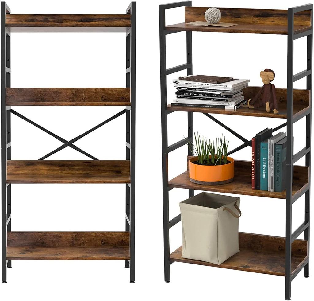 Industrial Bookshelf 4 Tier Tall Bookcase with Adjustable Shelf Metal Frame Steel Wood Rustic Brown R81864
