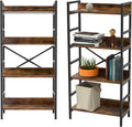 Industrial Bookshelf 4 Tier Tall Bookcase with Adjustable Shelf Metal Frame Steel Wood Rustic Brown R81864
