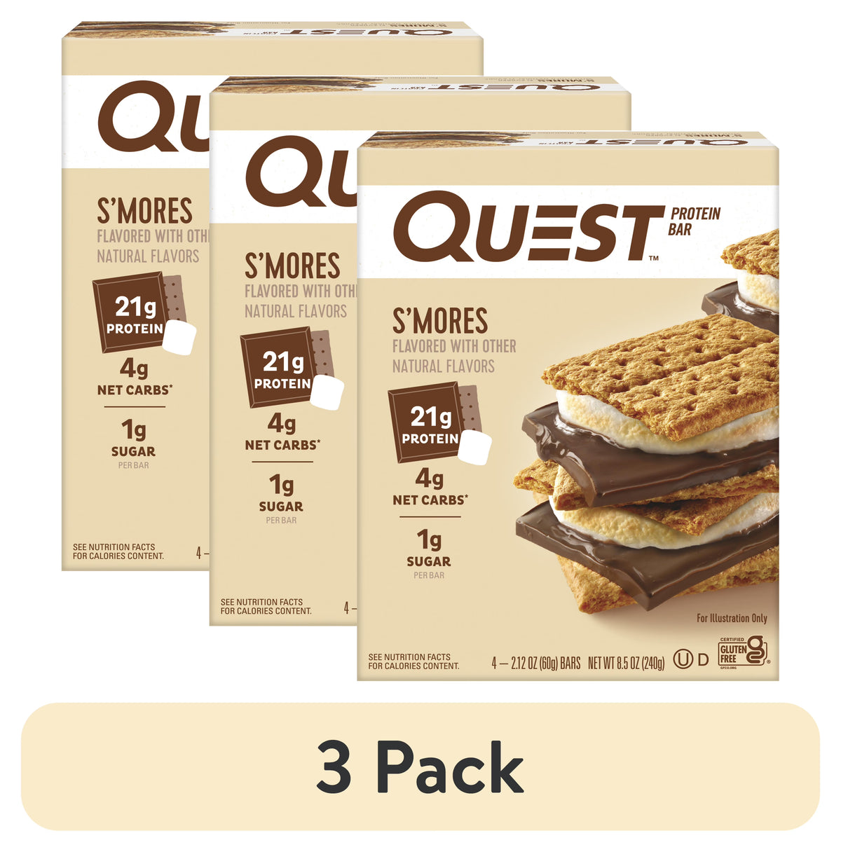 (3 pack) Quest Protein Bar, Smores, 20g Protein, Gluten Free, 4 Ct C5700