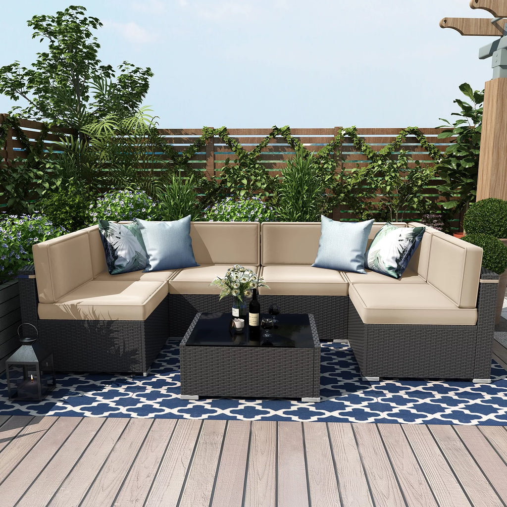 7 Piece Wicker Patio Furniture Set with Cushion and Glass Table Y42383