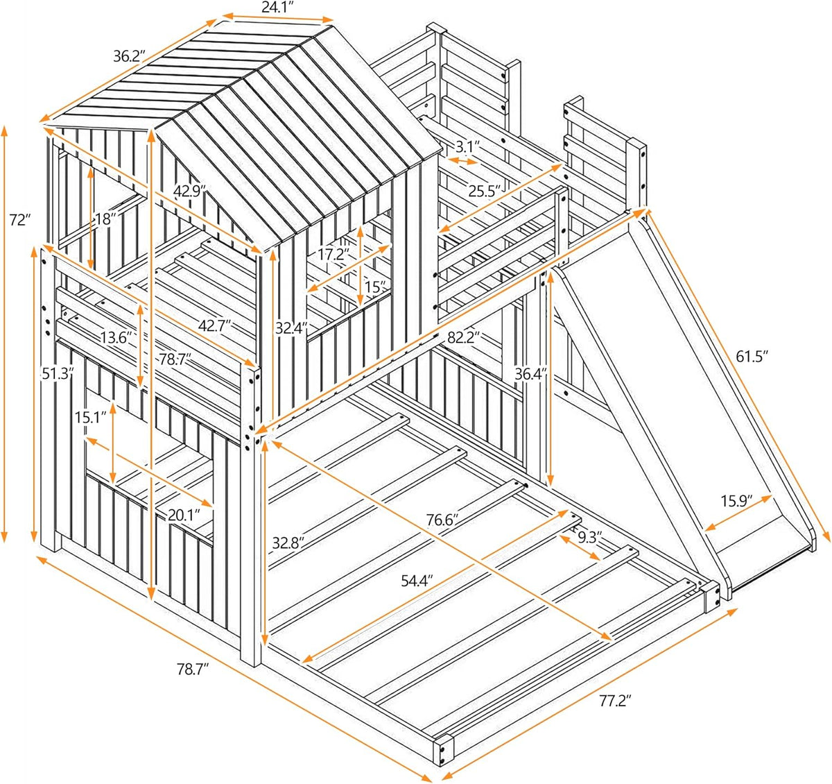 Gray Wood Twin Over Full Bunk Bed with Ladder and Slide Z150421
