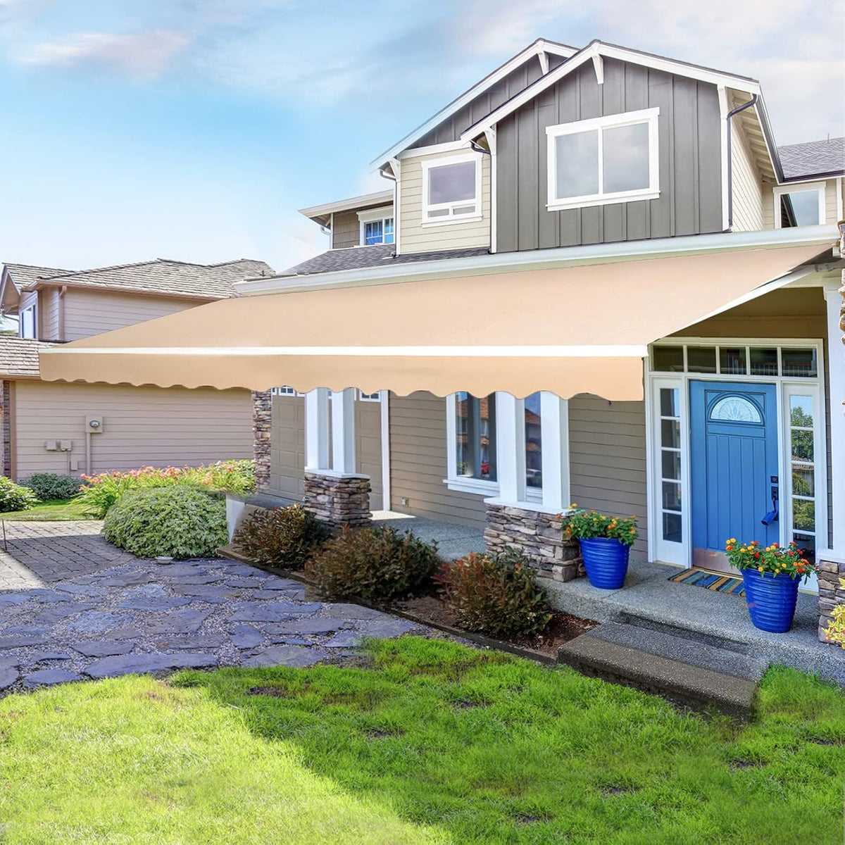 8.2'×6.5' Retractable Patio Awning with Manual Crank Handle, Beige G2123