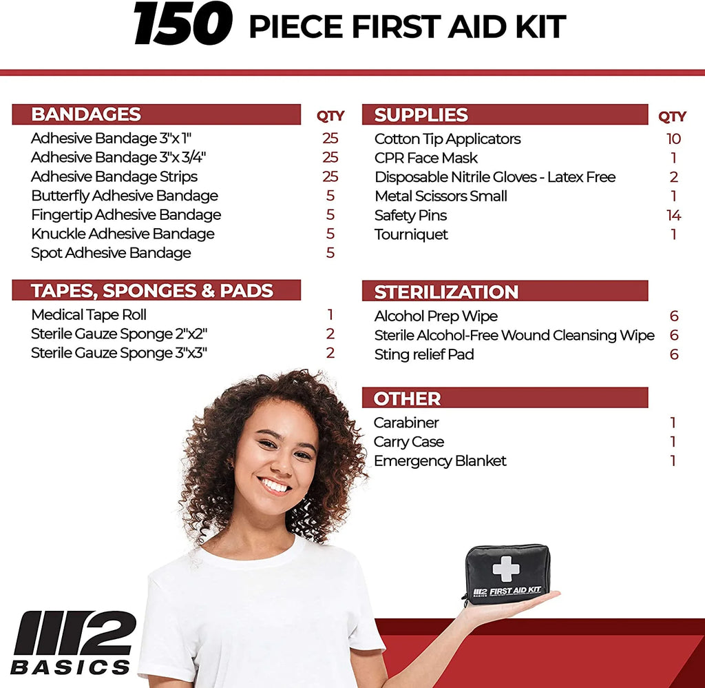 150 Piece First Aid Kit with Carabiner, Emergency Blanket, Medical Survival Bag E7261
