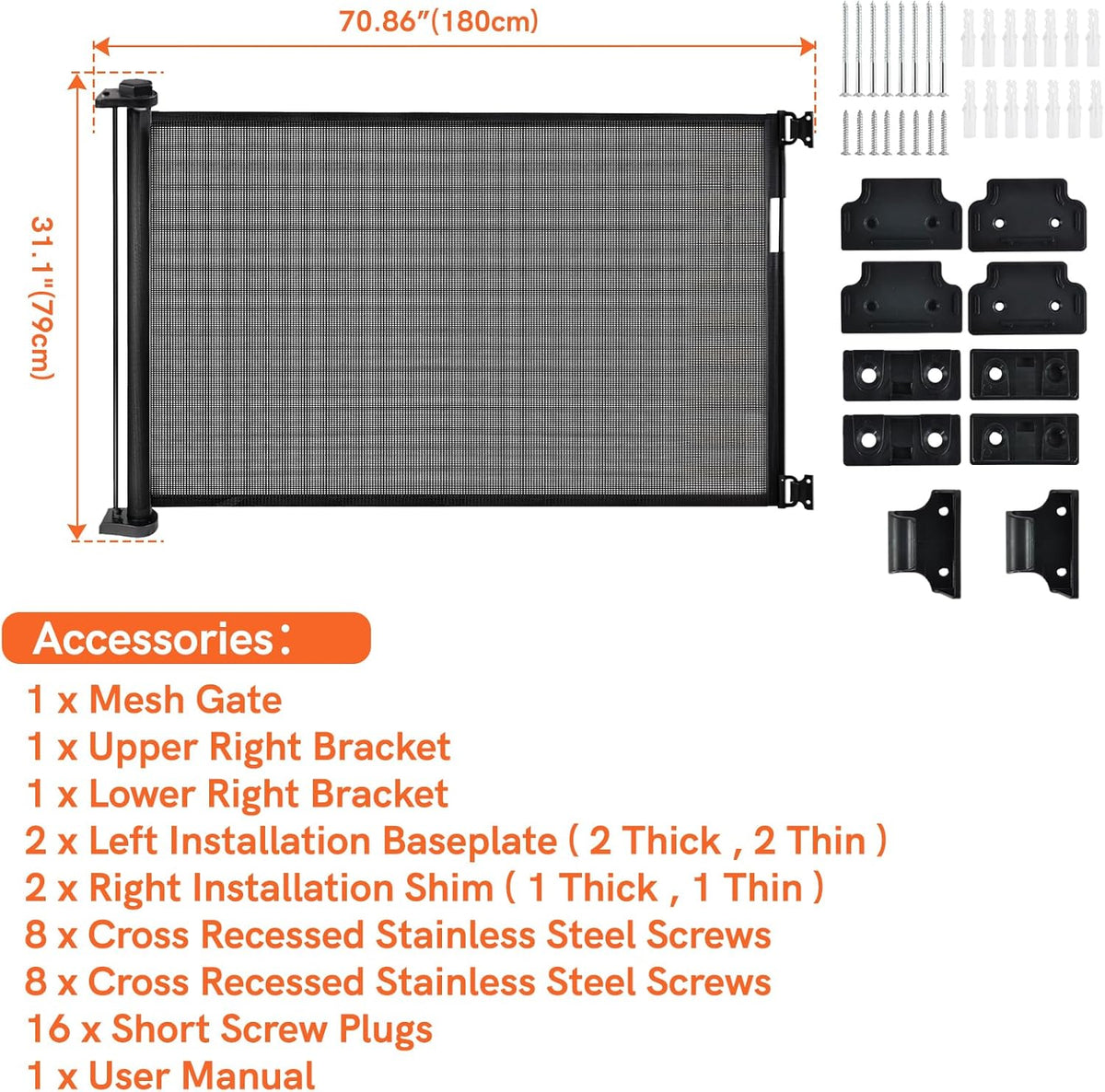 Black Retractable Baby Pet Gate, 31" Tall, Extends to 71" Wide G9054