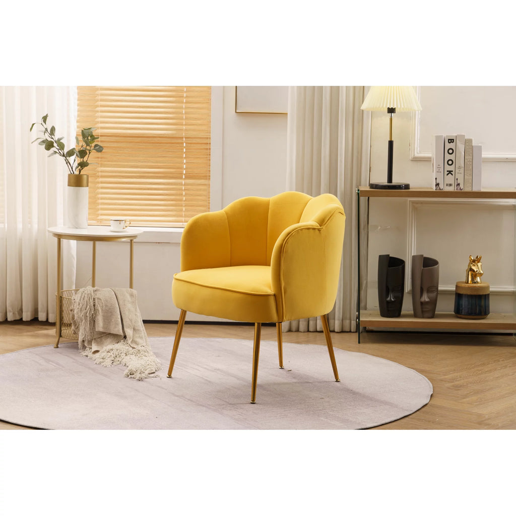 Yellow Velvet Shell Shape Armchair with Gold Legs U5600