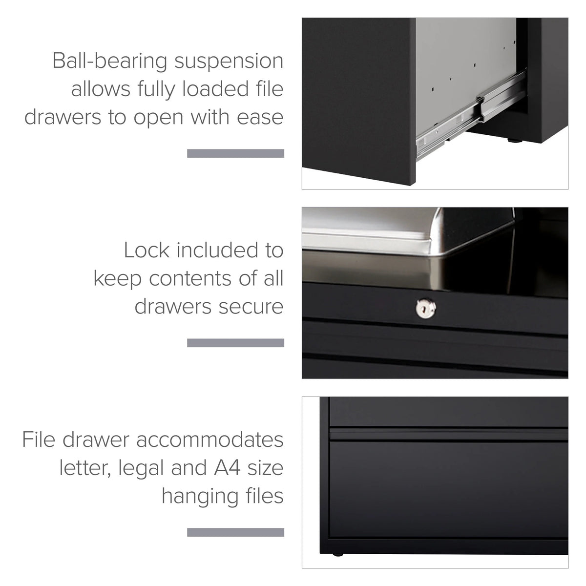 36 Inch Wide 3 Drawer Metal Lateral File Cabinet Black L60966