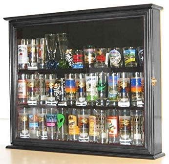 Shot Glass Display Case Wall Curio Cabinet Shadow Box Mahogany Finish X9579
