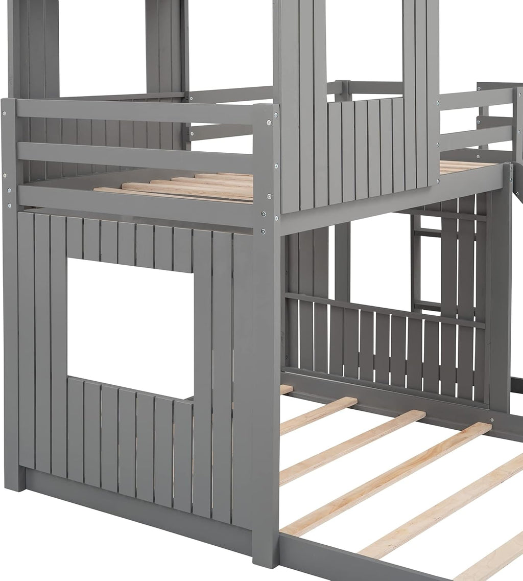 Gray Wood Twin Over Full Bunk Bed with Ladder and Slide Z150421