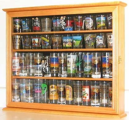 Shot Glass Display Case Wall Curio Cabinet Shadow Box Mahogany Finish X9579