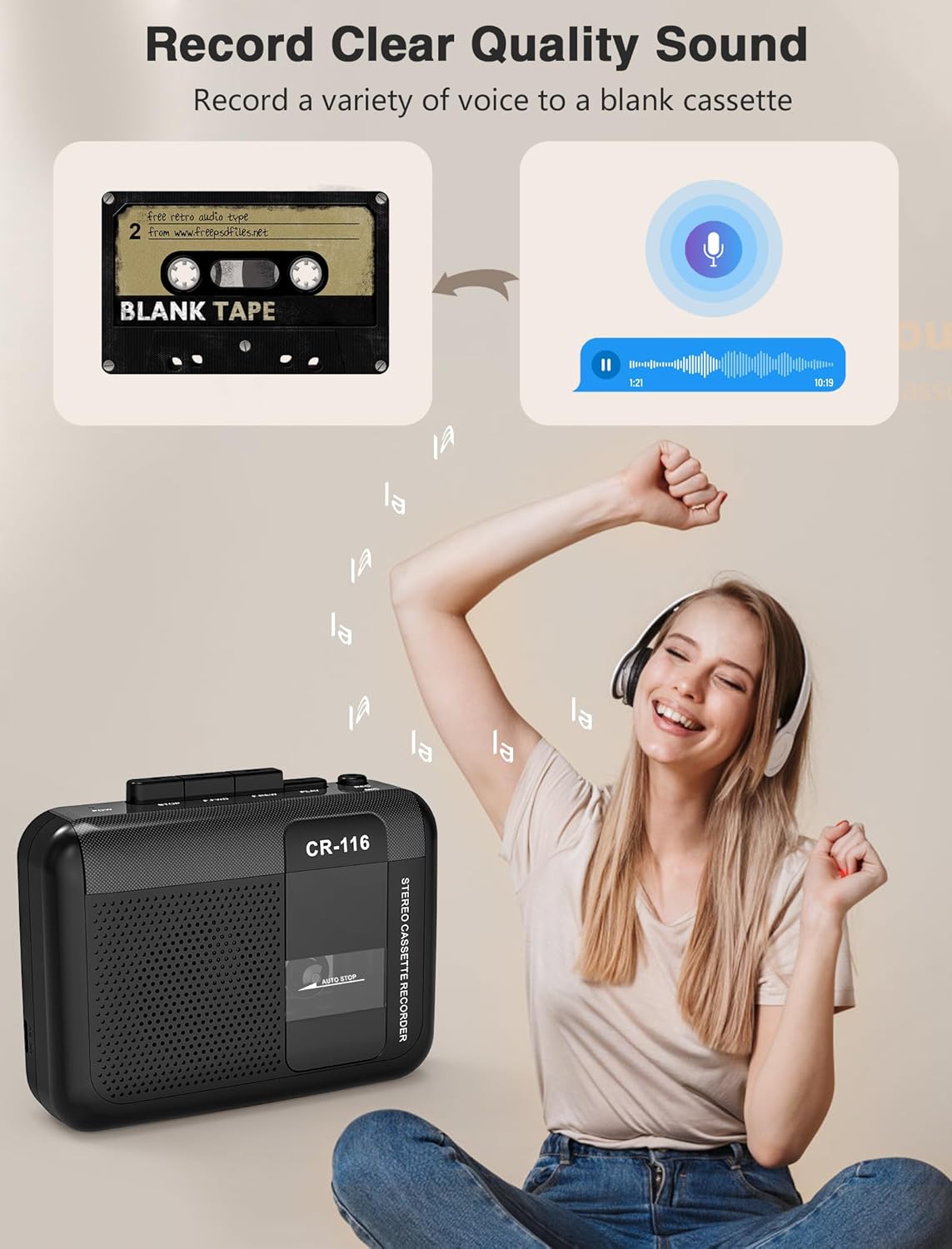 Stereo Cassette Player Tape Recorder with Built-in Mic Speakers, 2AA Battery or USB Power Supply B8723