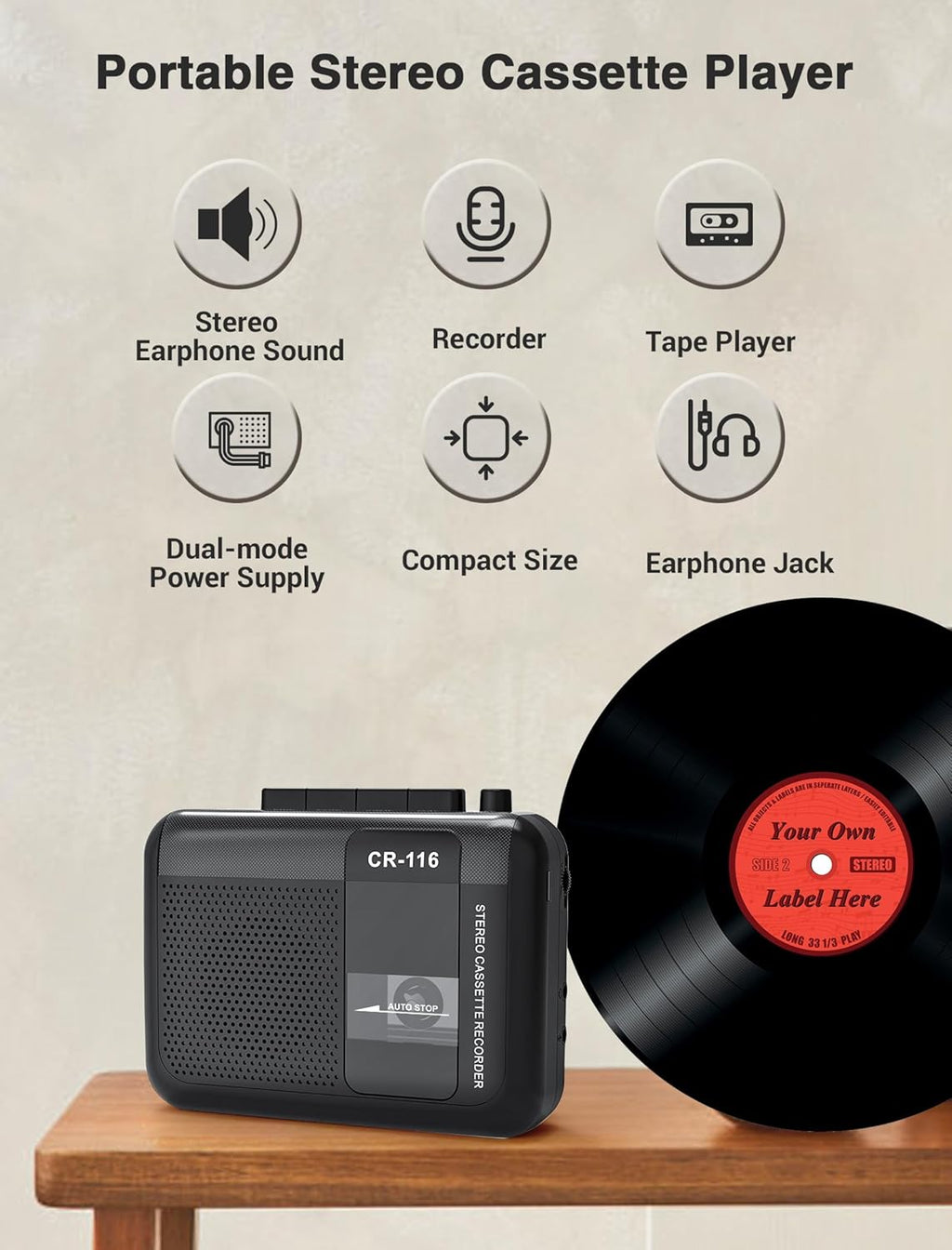 Stereo Cassette Player Tape Recorder with Built-in Mic Speakers, 2AA Battery or USB Power Supply B8723
