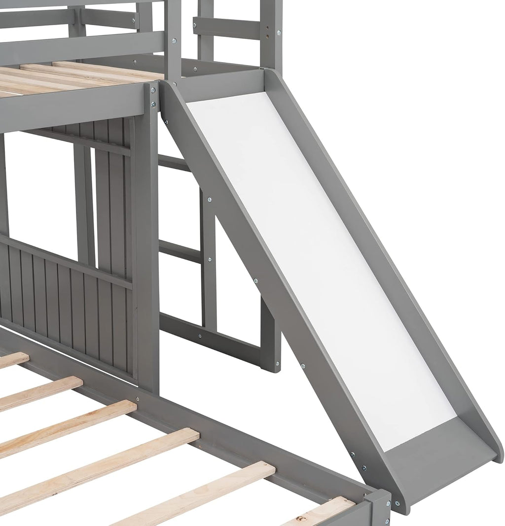 Gray Wood Twin Over Full Bunk Bed with Ladder and Slide Z150421