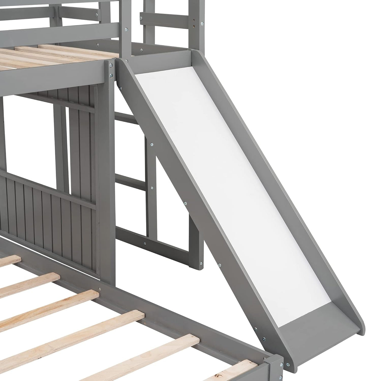 Gray Wood Twin Over Full Bunk Bed with Ladder and Slide Z150421