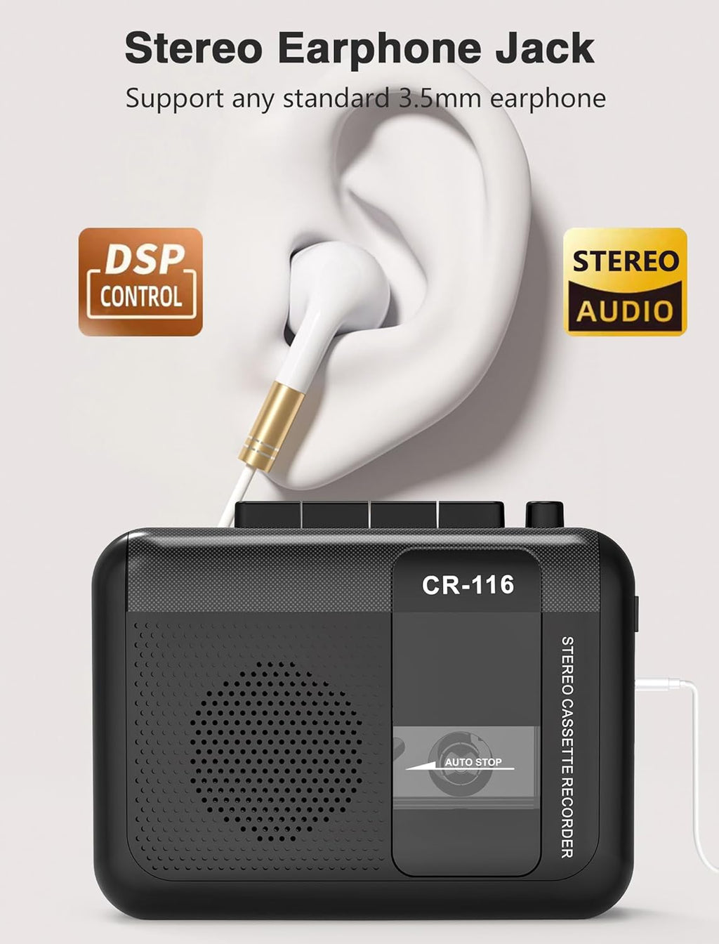 Stereo Cassette Player Tape Recorder with Built-in Mic Speakers, 2AA Battery or USB Power Supply B8723