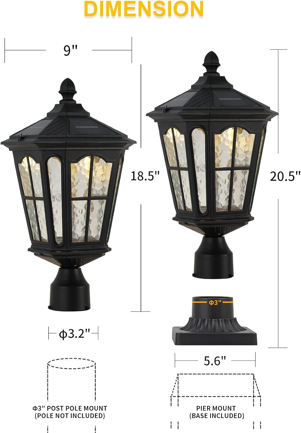 Solar Lamp Post Light with 3-Inch Pier Mount Base, Die Cast Aluminum, 20.5''H, Matte Black L31872