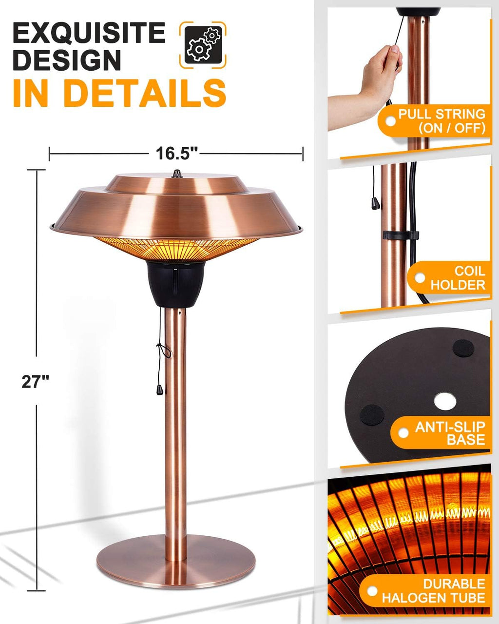 1500W Infrared Electric Patio Heater with Brush Copper Finished U155