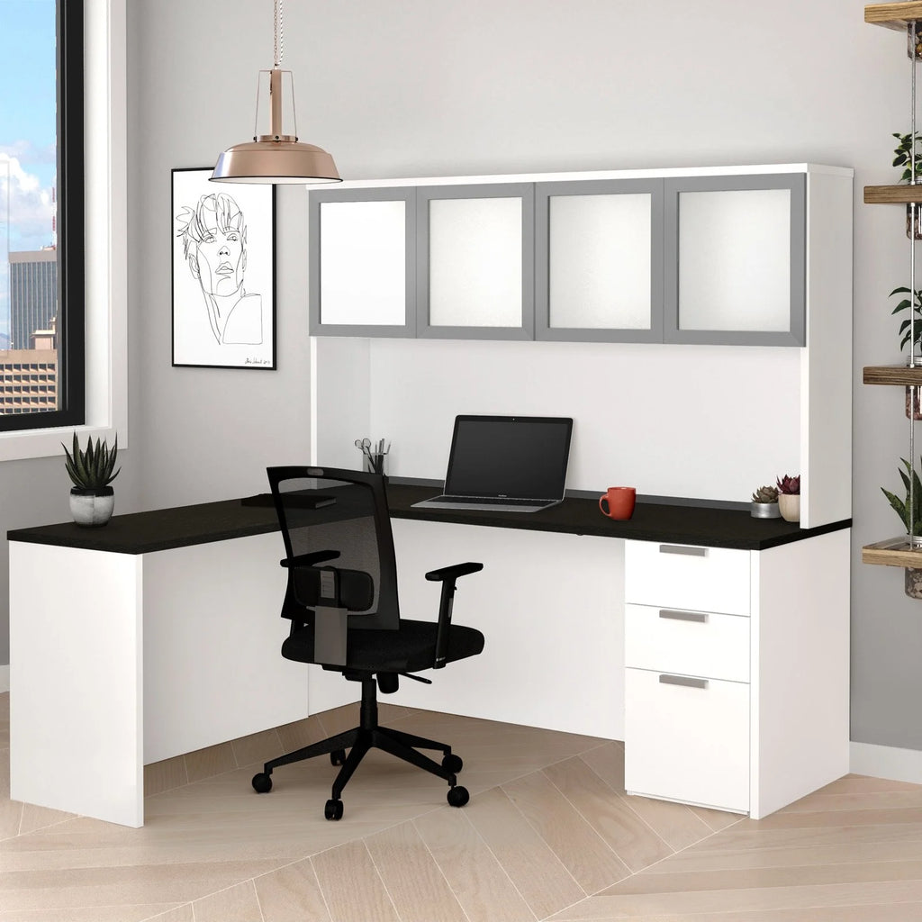 L Desk with 4 Door Hutch N477