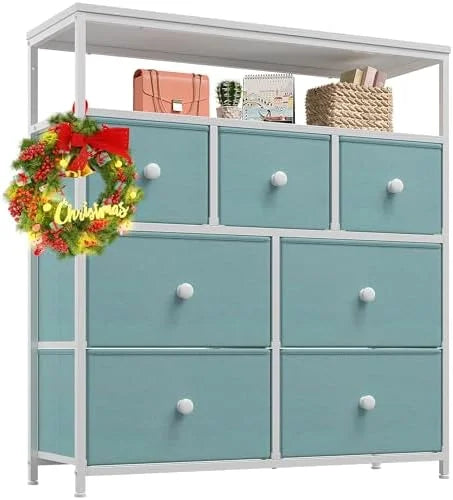 7 Drawer Fabric Dresser with Wooden Top and Metal Frame S630155