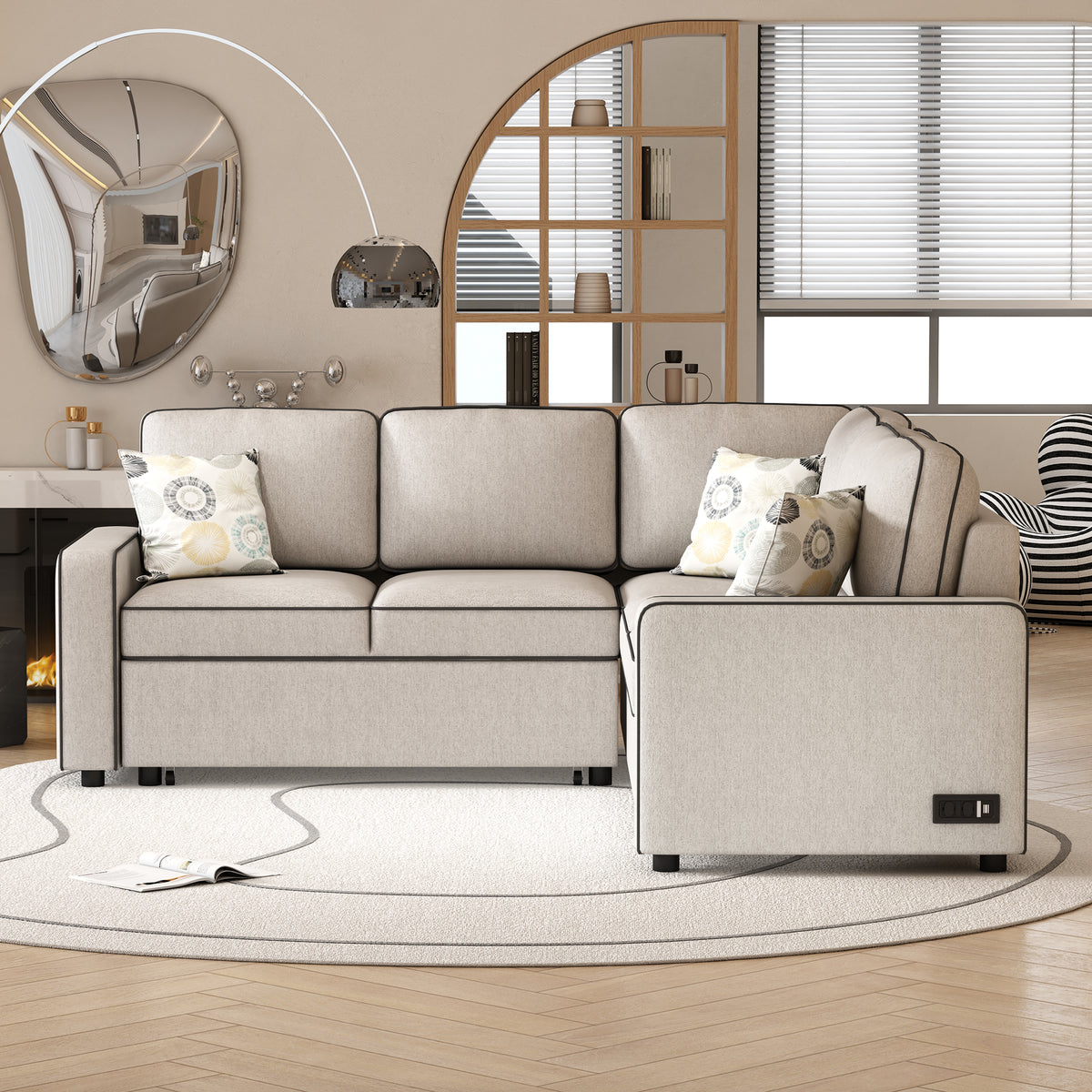 Cream L-Shaped Pull Out Sofa Bed with 2 USB Ports and 3 Pillows N805