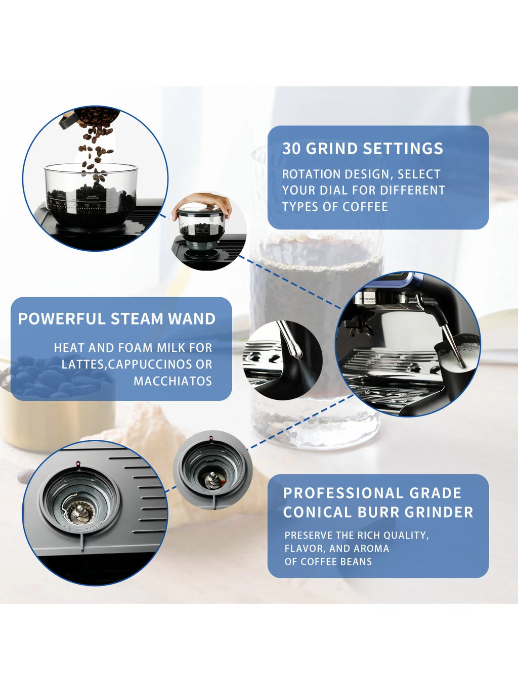 All in One Espresso Machine with Coffee Grinder and Milk Steam Wand Q89449
