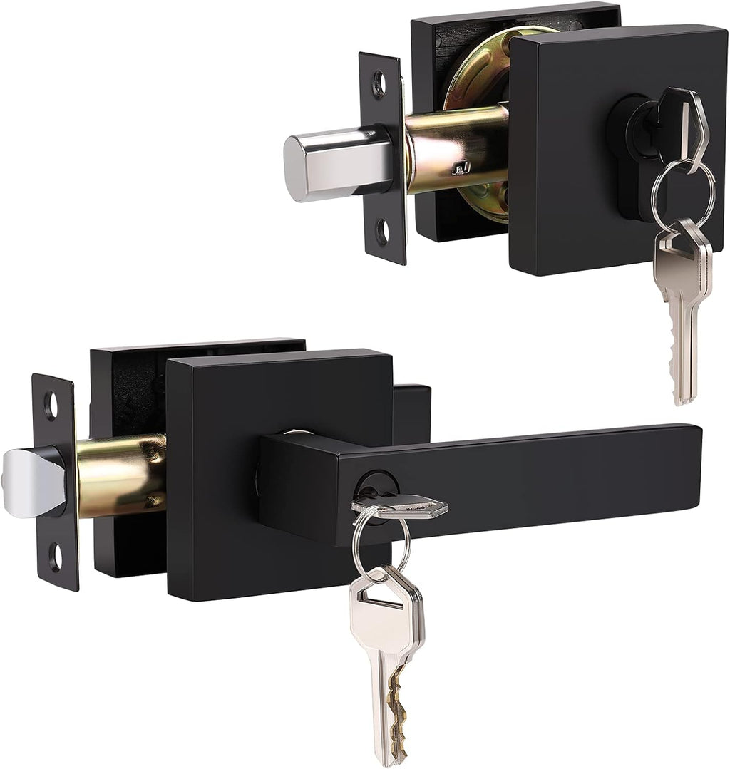 2 Pack Entry Lever Door Handle and Single Cylinder Deadbolt Lock Set, Matte Black M889