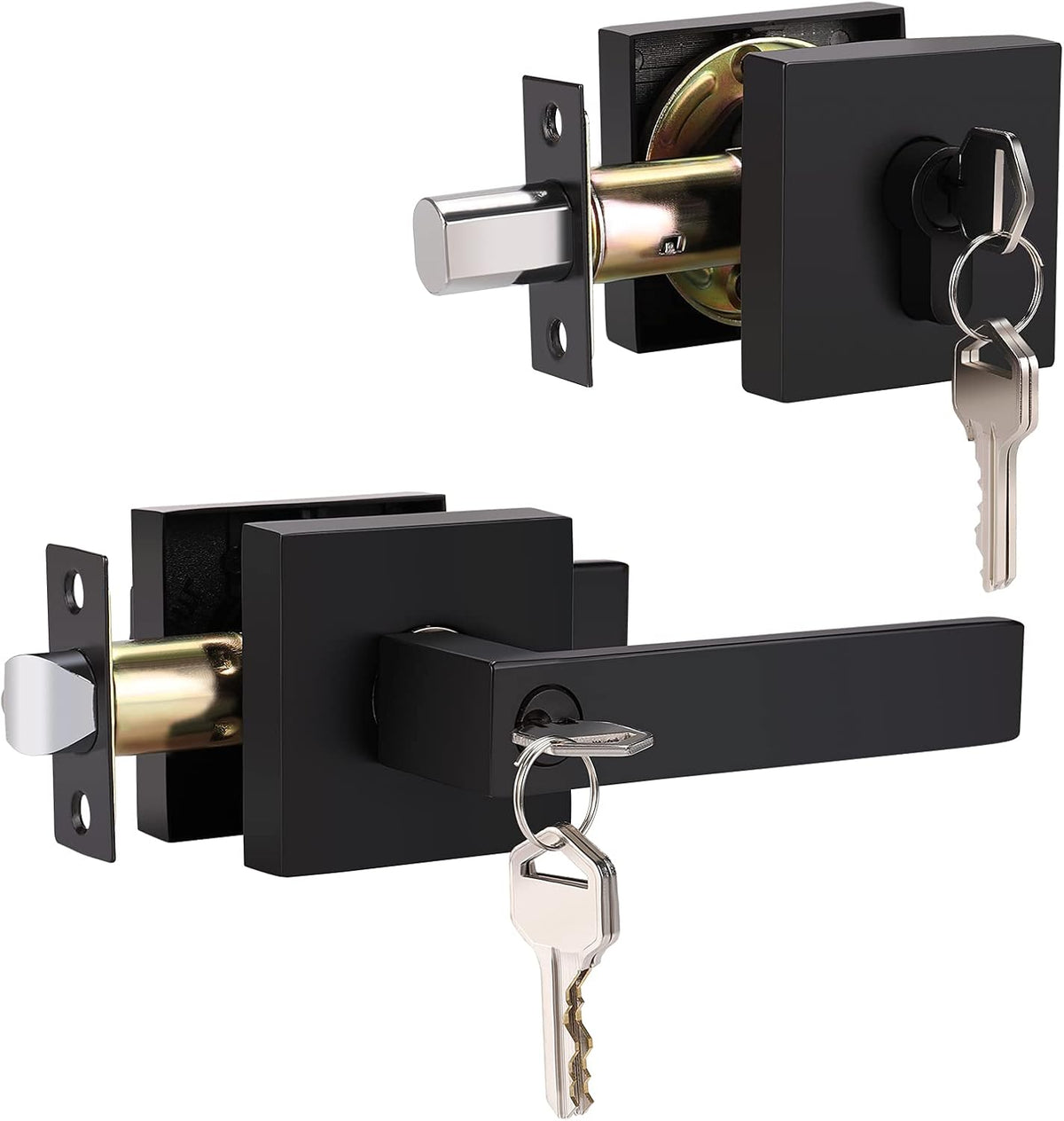 2 Pack Entry Lever Door Handle and Single Cylinder Deadbolt Lock Set, Matte Black M889